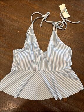 Beachsissi Bathing suit top Blue & White Striped Peplum Halter Top